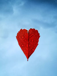 Close-up of red heart shape leaf against sky