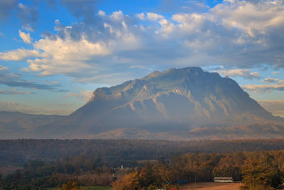 Scenic view of mountains against sky during sunset