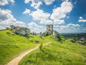 Old ruin castle on grassy field against cloudy sky