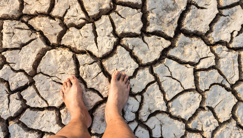Low section of person standing on drought land