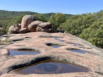 Scenic view of rocks against clear blue sky