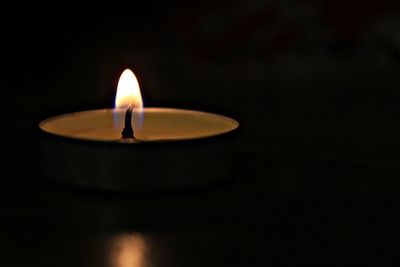 Close-up of lit candle in darkroom