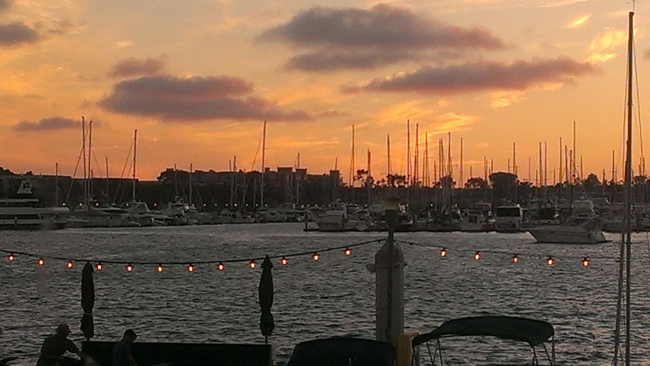 SCENIC VIEW OF HARBOR AGAINST SKY AT SUNSET