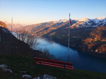 Scenic view of lake and mountains against sky