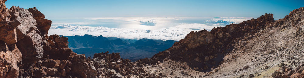 Panoramic view of snowcapped mountains against sky