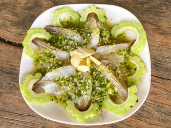 High angle view of food in plate on table