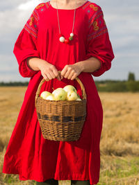 Midsection of girl holding apple on field against sky