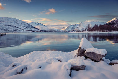 Scenic view of snowcapped mountains against sky during sunset