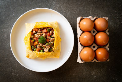 High angle view of food in plate