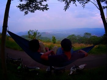 Woman relaxing on landscape