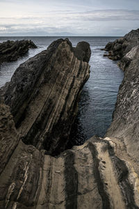 Rock formation on beach against sky