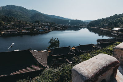 High angle view of lake against sky