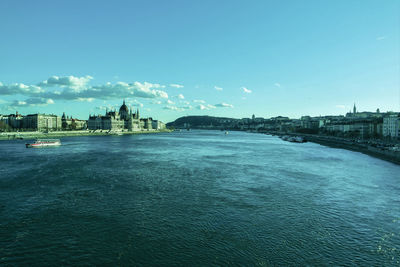 High angle view of danube river amidst buildings against sky