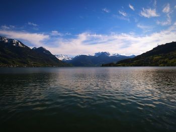 Scenic view of lake and mountains against sky