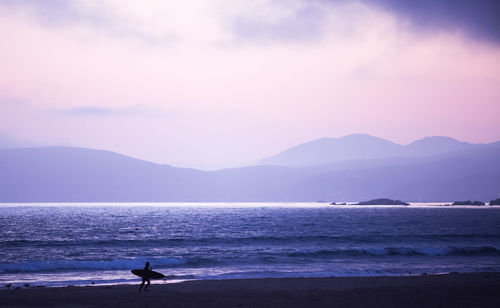 Silhouette man on beach against sky during sunset