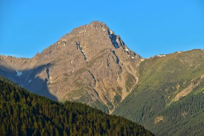 Scenic view of mountains against clear blue sky