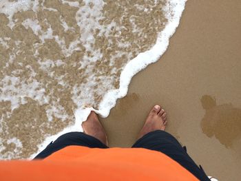 Low section of man standing on beach