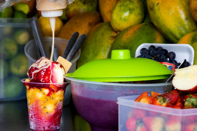 Preparation of a traditional sweet water ice with fruits called cholado in  cali ,colombia