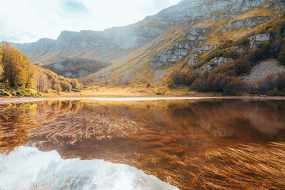 Scenic view of lake and mountains against sky