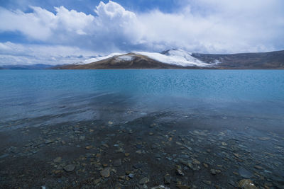 Scenic view of lake and mountains against sky