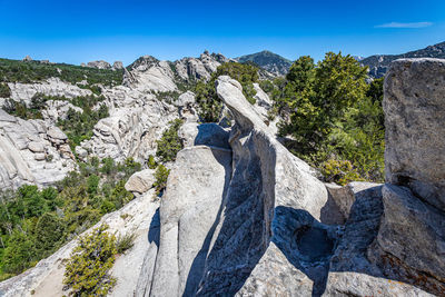 Panoramic view of rocks and mountains against clear blue sky