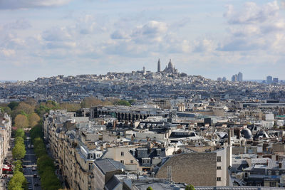 View of sacred heart basilica from above in paris cityscape, france