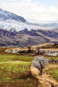 Scenic view of snow covered field against cloudy sky