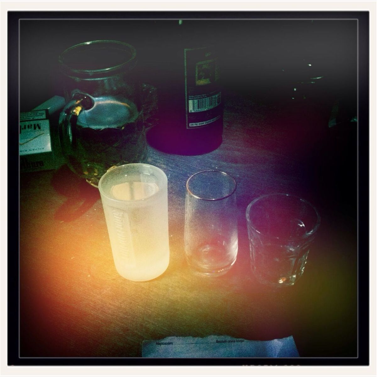 transfer print, indoors, auto post production filter, glass - material, still life, table, close-up, drinking glass, transparent, food and drink, drink, reflection, high angle view, illuminated, refreshment, bottle, no people, glass, home interior, water