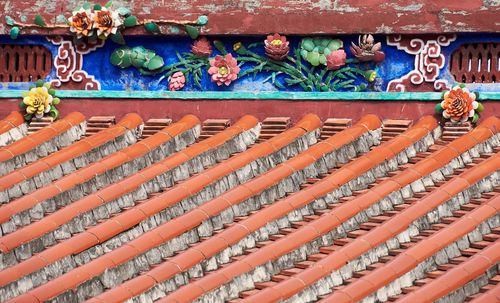 Low angle view of multi colored roof tiles