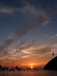 Sailboats moored on sea against sky during sunset