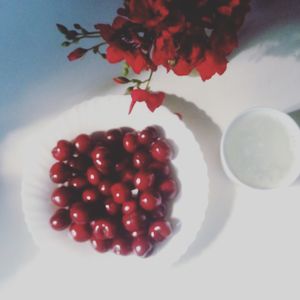 Directly above shot of cherries in bowl