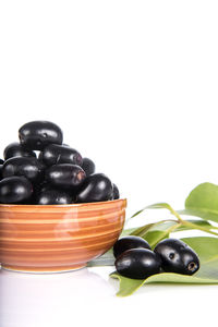 Close-up of fruits in bowl against white background