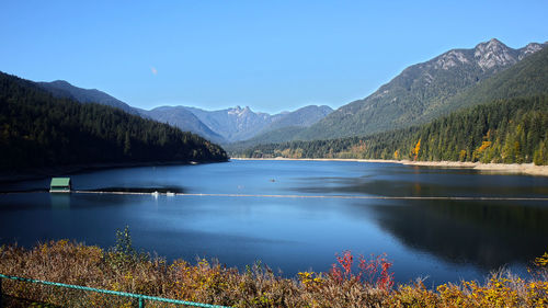 Scenic view of lake and mountains against clear blue sky