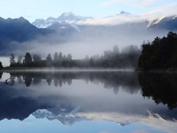 Scenic view of lake and mountains against sky