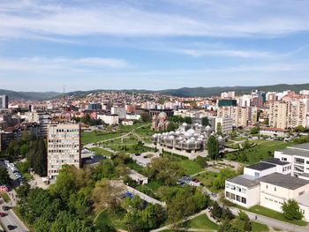High angle shot of townscape against sky