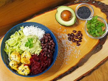 High angle view of breakfast served on table