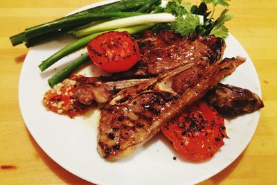 High angle view of food in plate on table