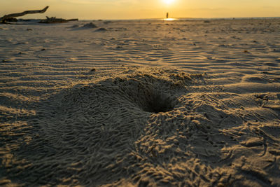 Low angle view of a crab hole surrounded by crab tracks 