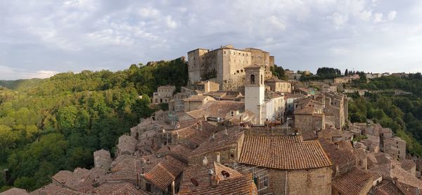 High angle view of historic building against sky