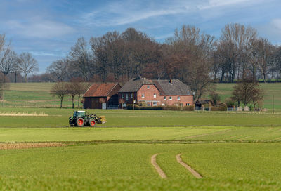 Scenic view of agricultural field against sky