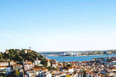 Aerial view of townscape by sea against clear sky