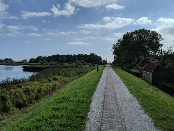 Footpath amidst grass and trees against sky