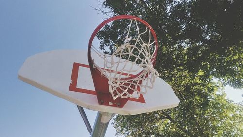 Low angle view of basketball hoop against clear sky