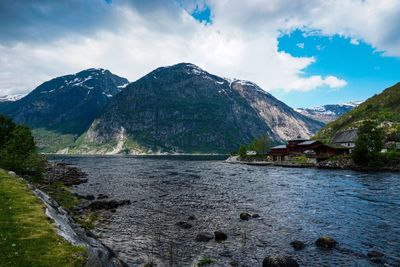 Scenic view of lake and mountains against sky