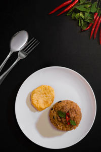 High angle view of breakfast served on table