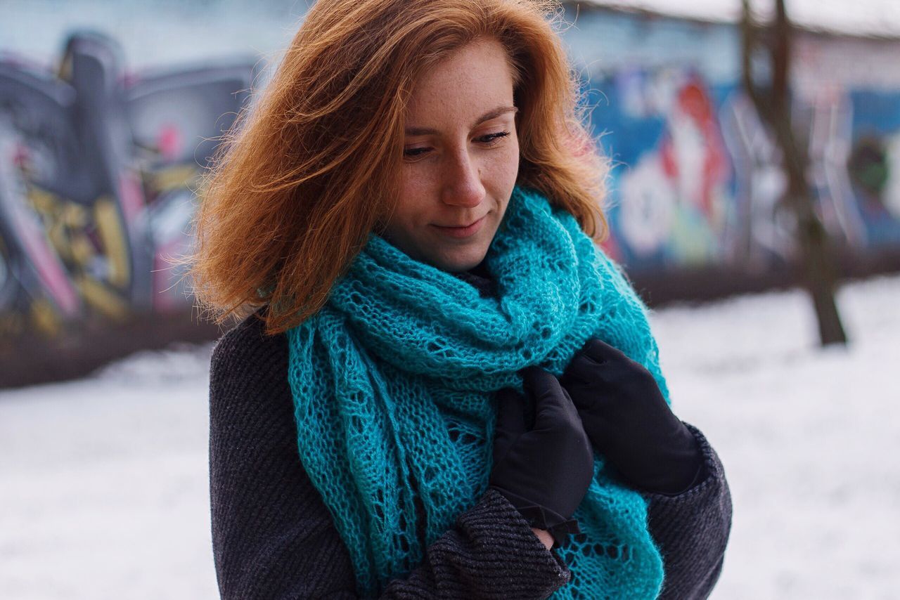 winter, warm clothing, women, beautiful people, females, city, red, scarf, young adult, cold temperature, city life, beauty, outdoors, close-up, one person, people, adult, human body part, adults only, day