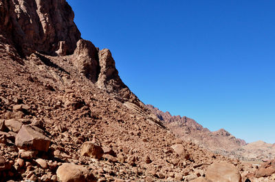 Low angle view of rock formation against clear blue sky