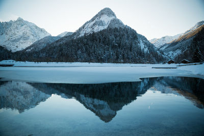 Reflection of snowcapped mountains and lake against sky