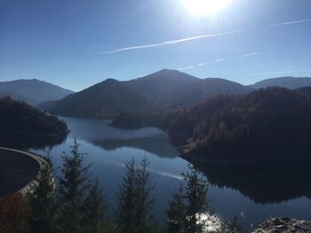 Scenic view of lake and mountains against sky