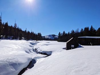 Scenic view of snow covered mountains against clear sky